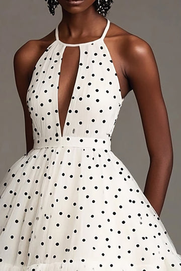 White and Black A Line Tulle Tiered Midi Polka Dot Dress with Ruffles